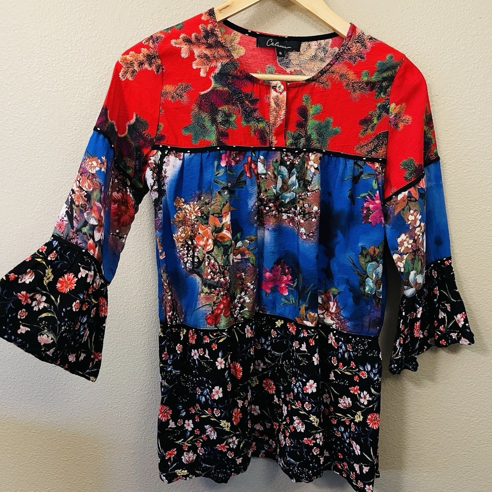 Calessa Patchwork Floral Tunic Top Flare Bell Sleeve Boho Multicolor Size S